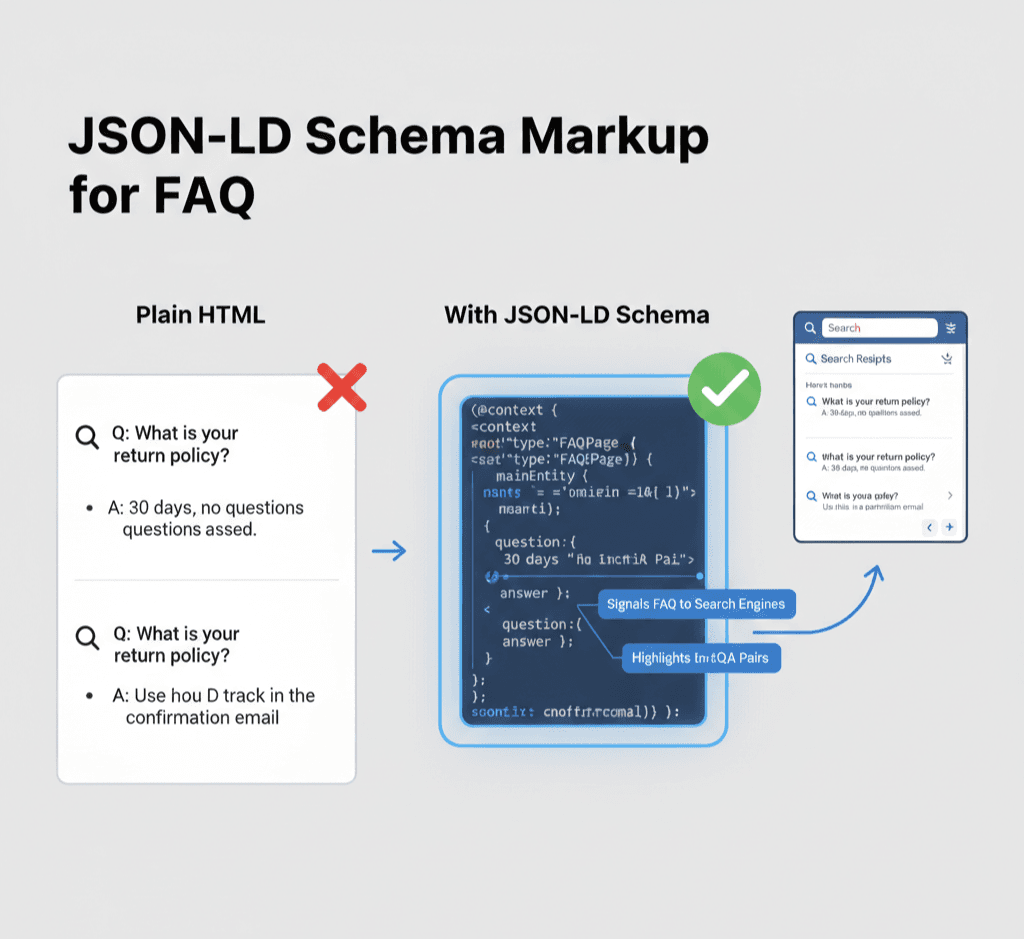 A graphic of JSON-LD Schema Markup, showing how it tags FAQ questions for search engines.