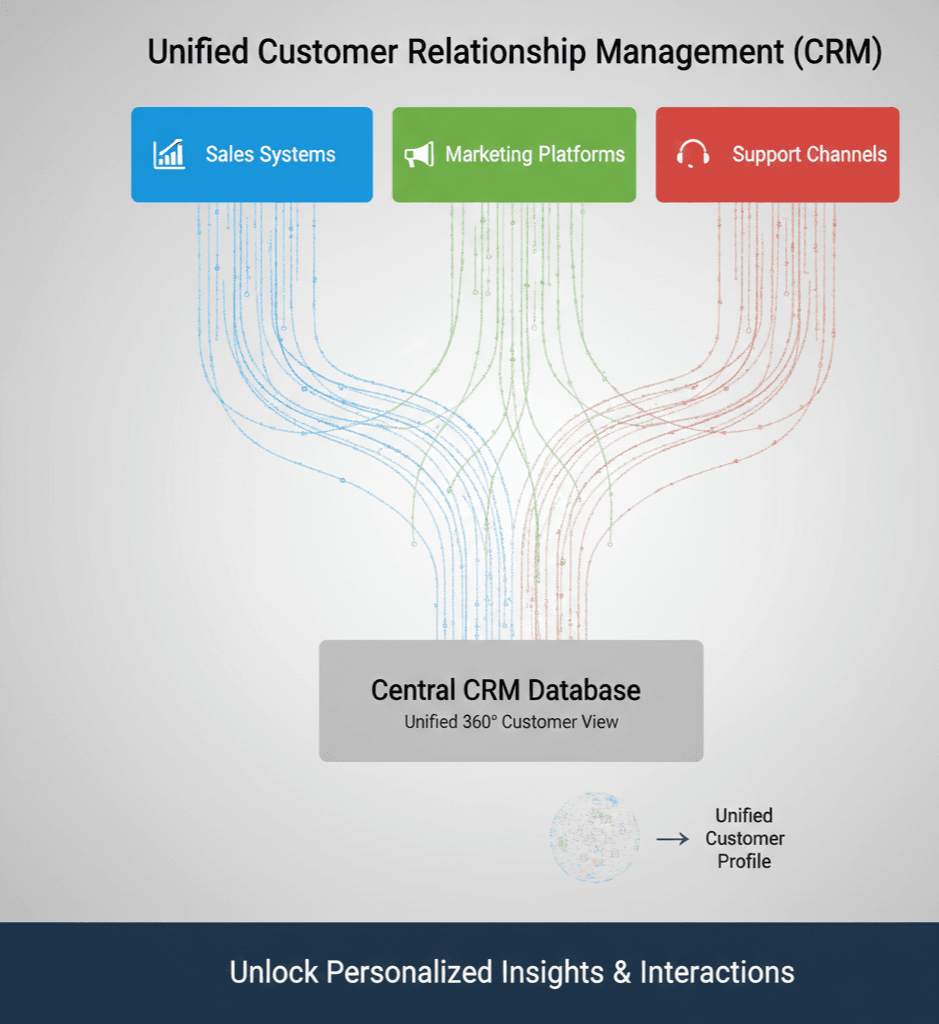 A diagram showing data from Sales, Marketing, and Support systems converging into one central CRM box.