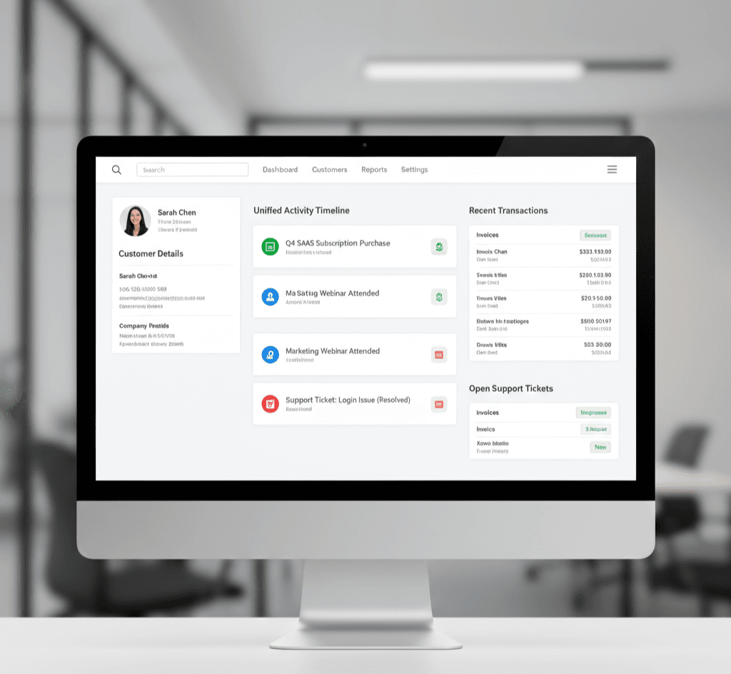 A screenshot of a CRM interface showing a customer's detailed history, transactions, and support tickets on one screen.