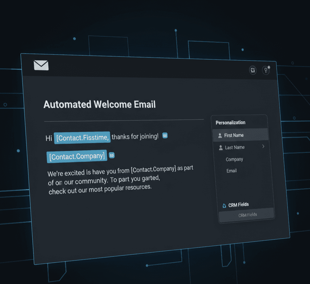 A cropped screenshot of an email template with dynamic fields for Name and Company populated by a CRM.