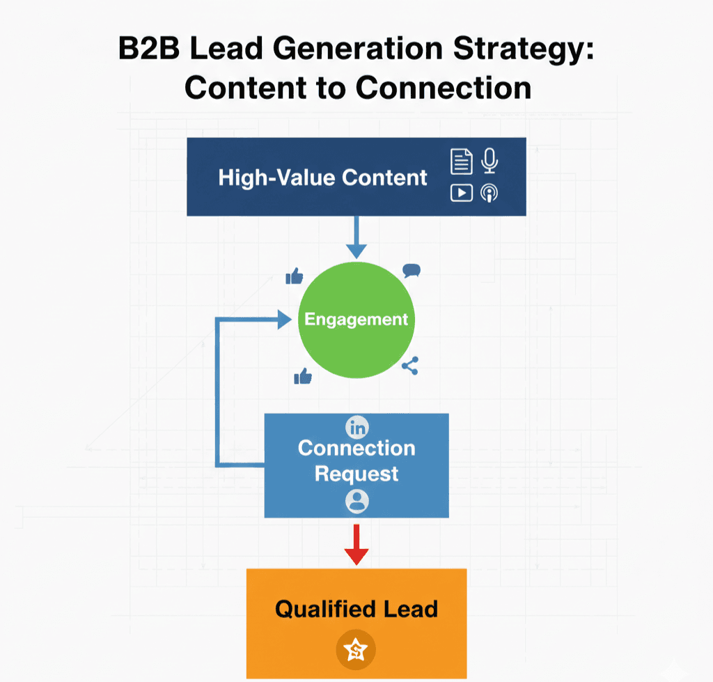 A strategy diagram: High-Value Content -> Engagement -> Connection Request -> Qualified Lead.