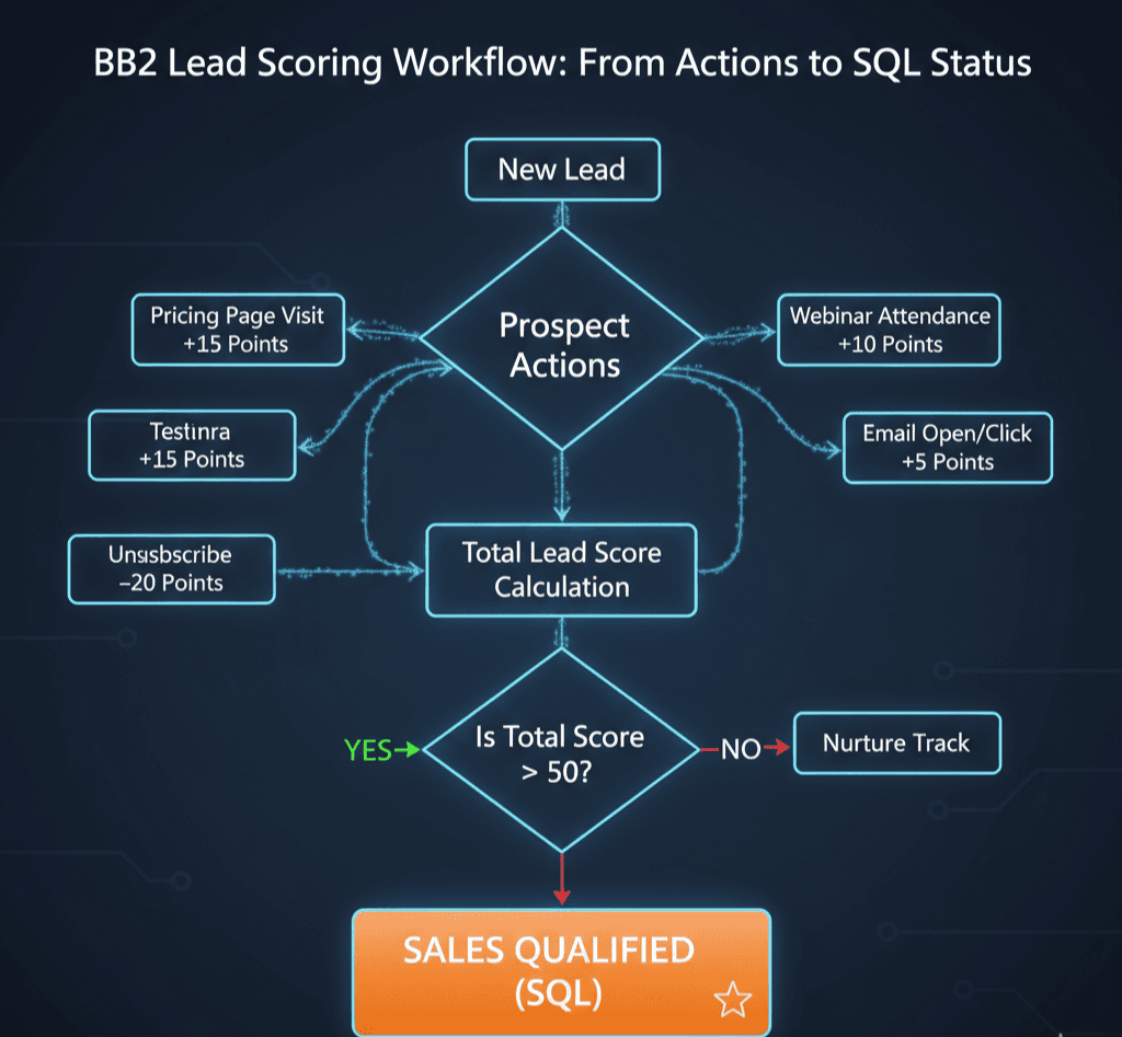 A lead scoring flowchart showing how prospect actions (e.g., pricing page visit) add points toward SQL status.