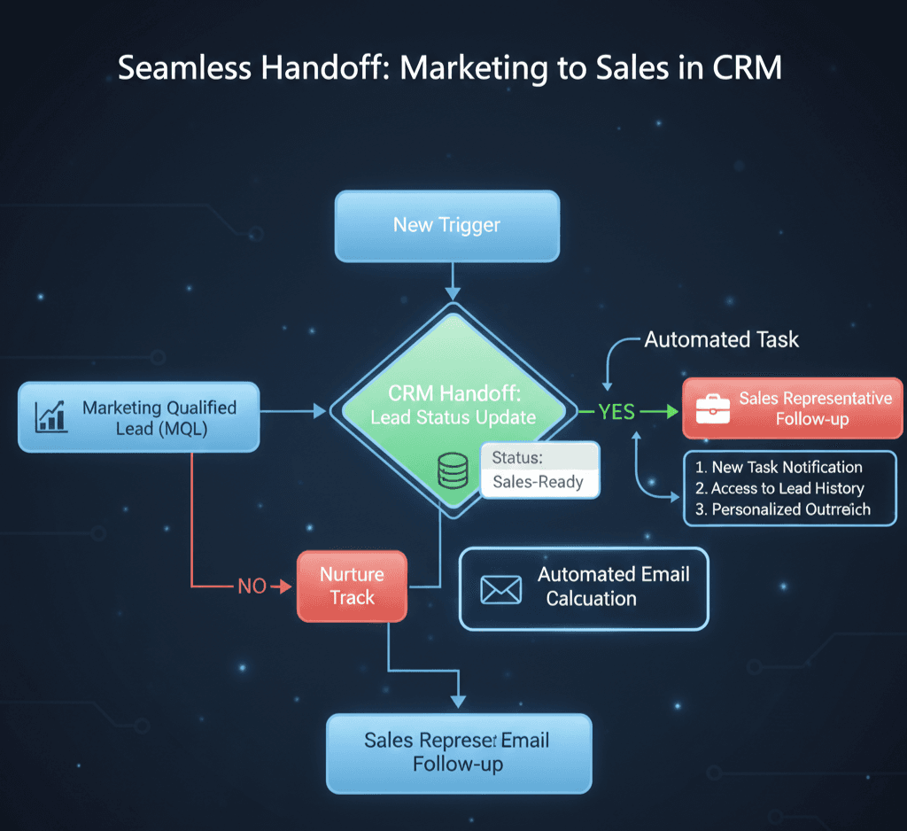 A process diagram showing the handoff from a Marketing Manager to a Sales Representative within a CRM.