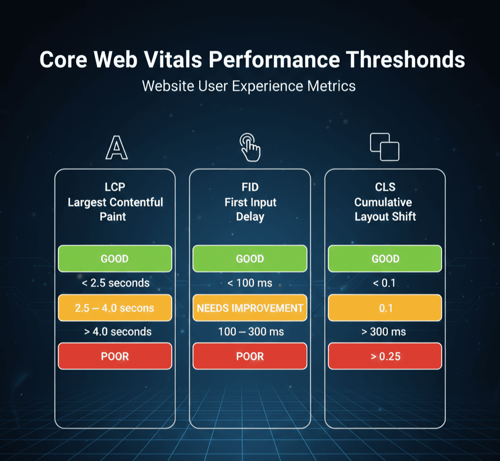 A chart showing the target thresholds for LCP, FID, and CLS (Good, Needs Improvement, Poor).