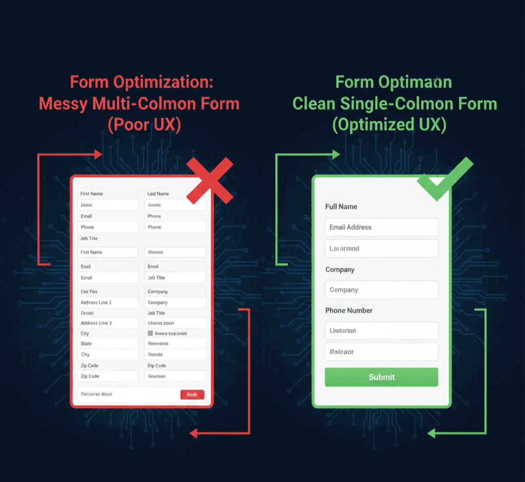 A comparison showing a messy multi-column form next to a clean, single-column form with top-aligned labels.