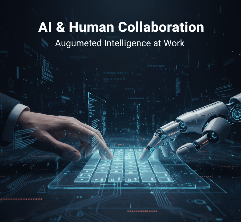 A graphic of two hands—one human and one robotic—typing on the same keyboard to show collaboration.