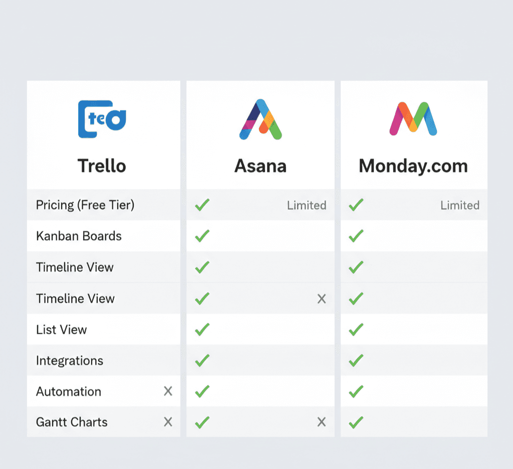 A side-by-side comparison chart of three popular project management tools: Trello, Asana, and Monday.com.