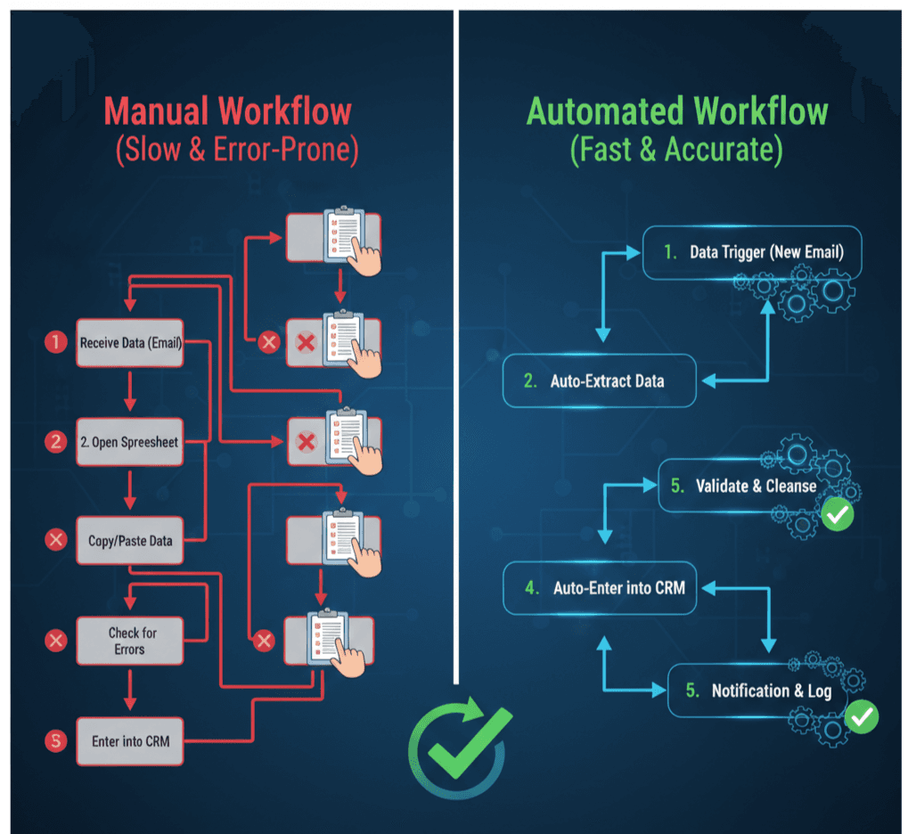 A side-by-side visualization of a "Manual Workflow" vs. an "Automated Workflow" for data entry.