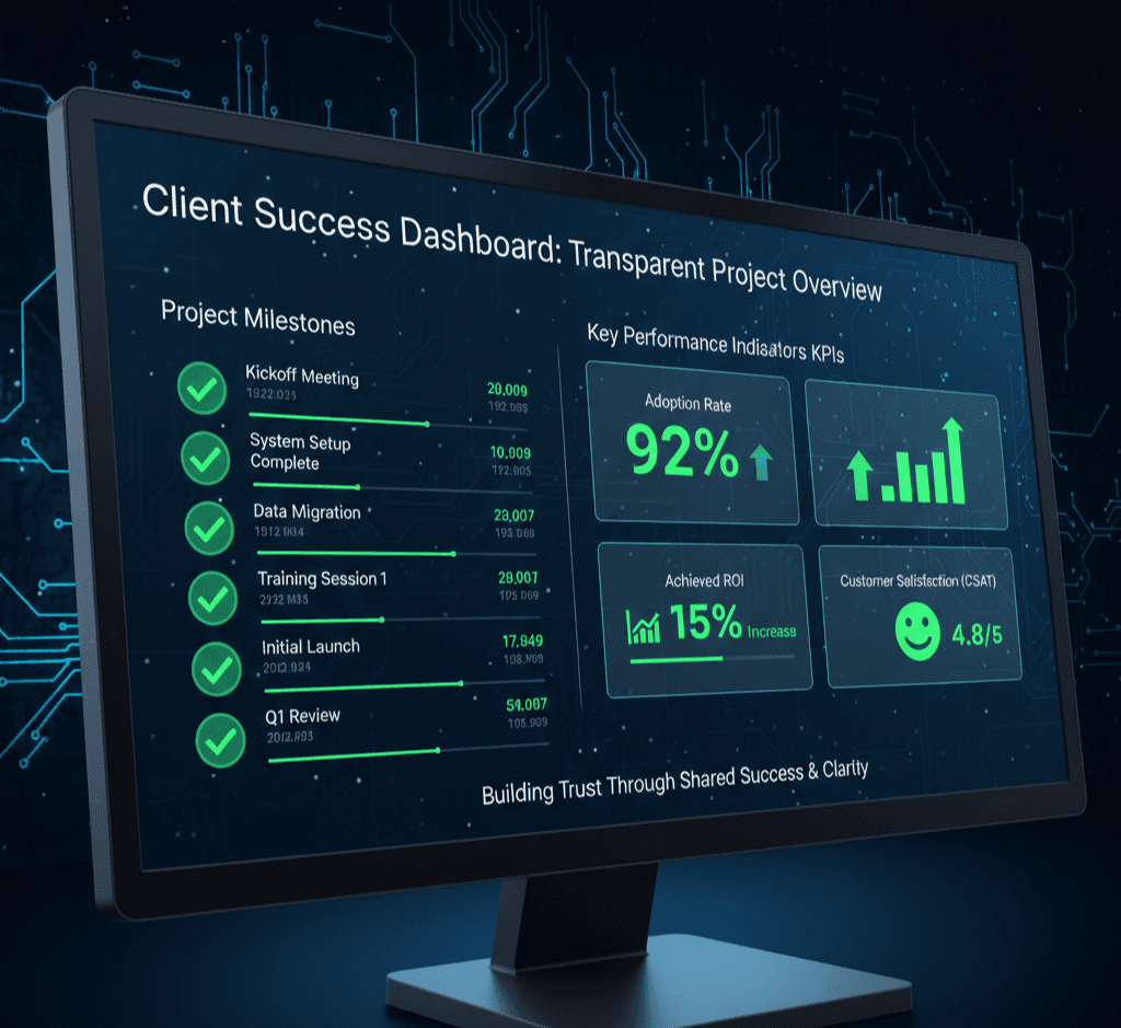 A client success dashboard showing project milestones and KPIs in green, demonstrating transparency.