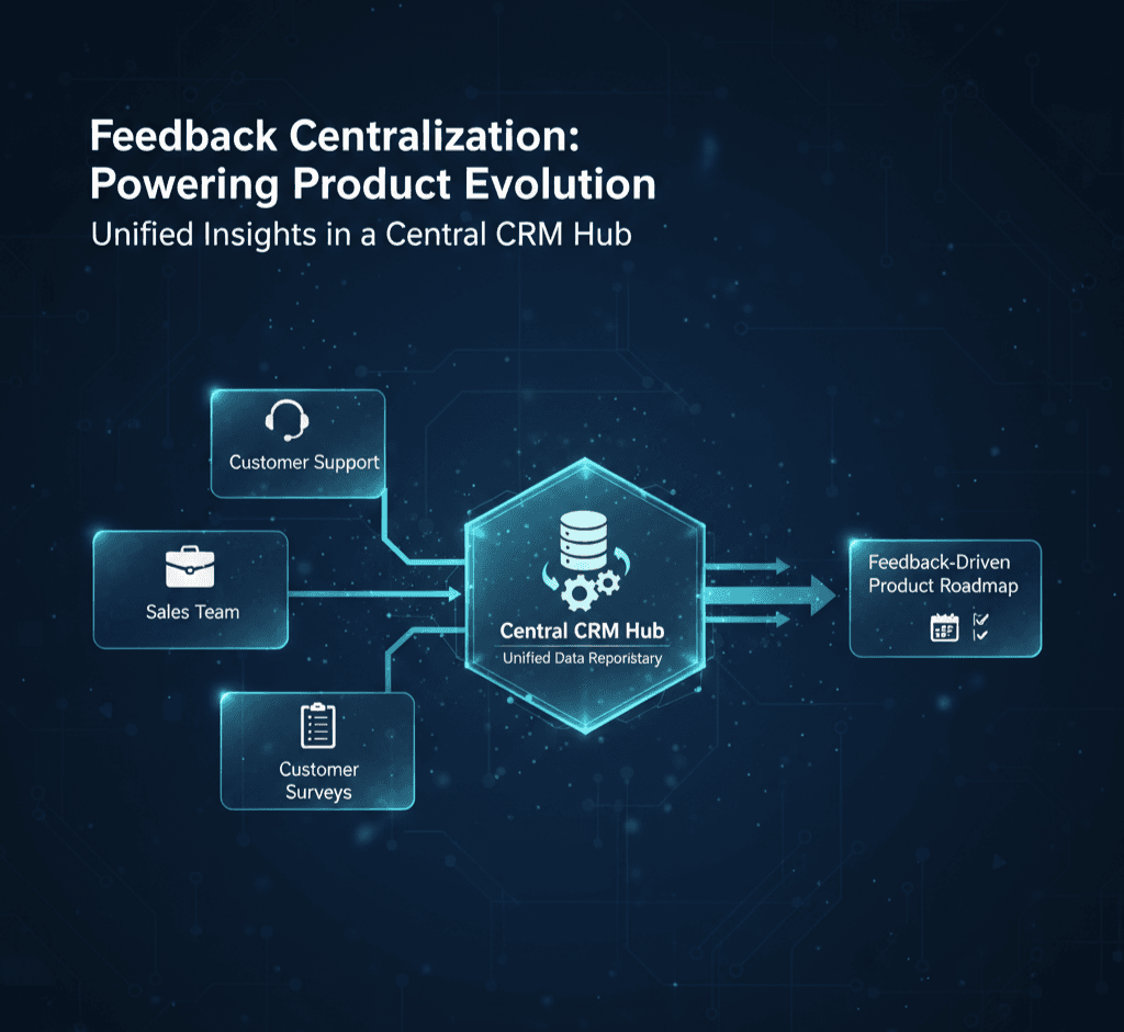 A diagram of feedback centralization: Support, Sales, and Surveys feeding into a central CRM Hub.