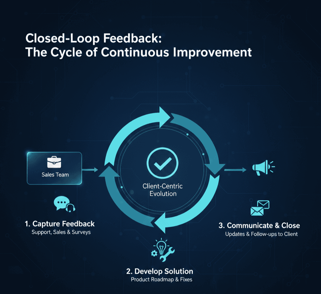 A circular diagram showing the "Closed Loop" process: Feedback -> Solution -> Communication back to Client.