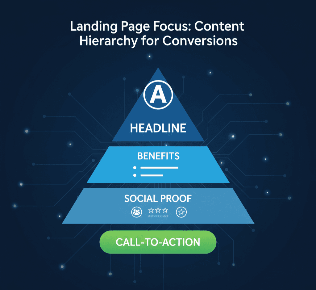 An inverted pyramid showing landing page focus: Headline, Benefits, Social Proof, and Call-to-Action.