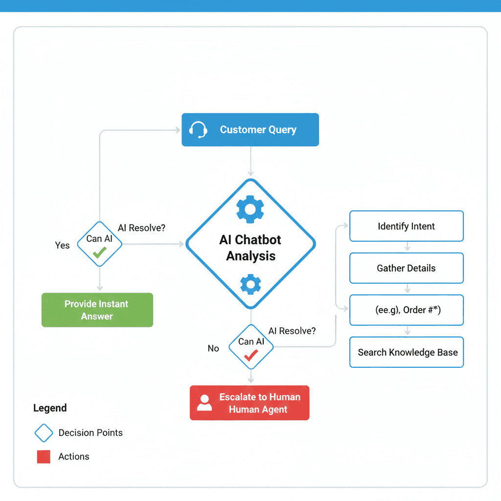 A flowchart showing how an AI chatbot filters a customer query before escalating it to a live human agent.