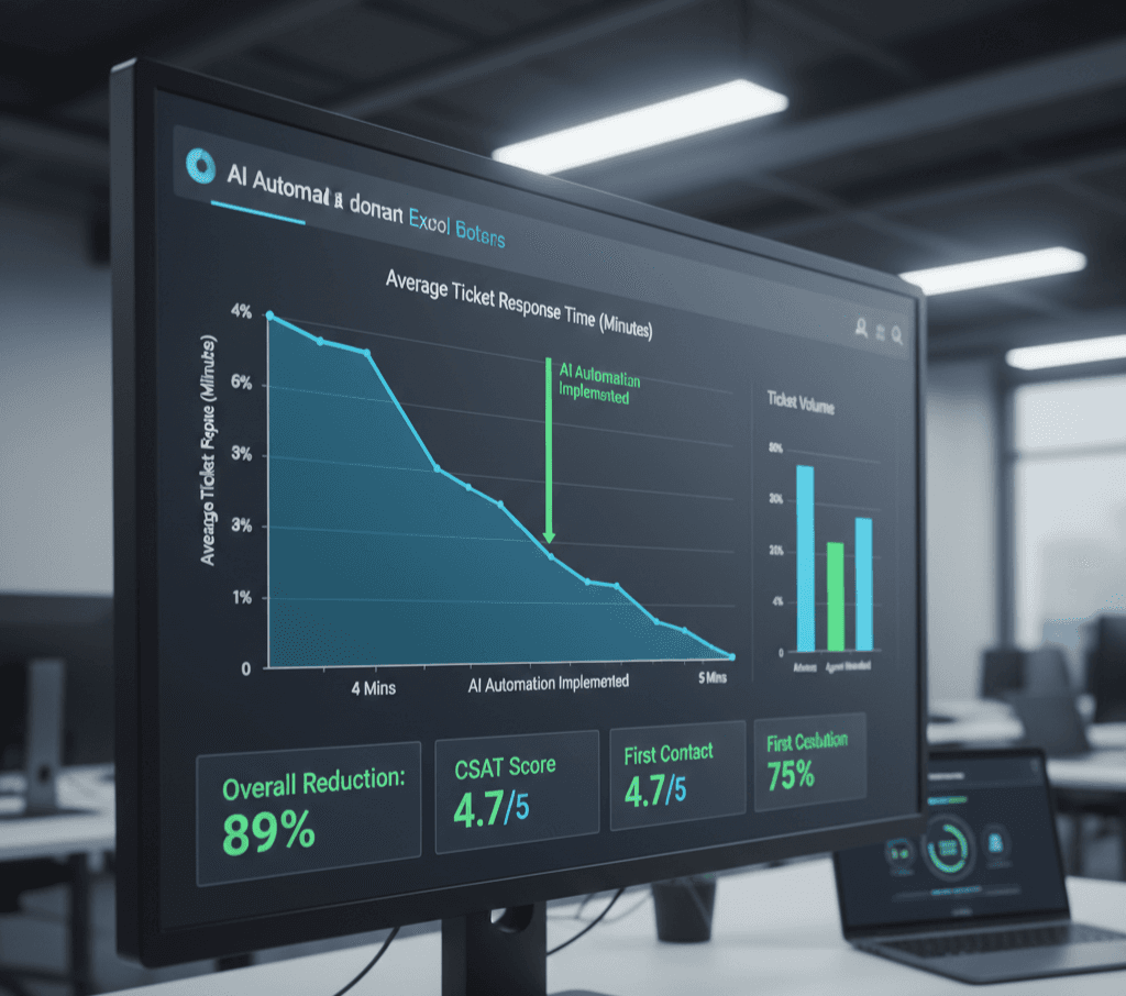 A data dashboard showing a significant reduction in ticket response times after implementing AI automation.