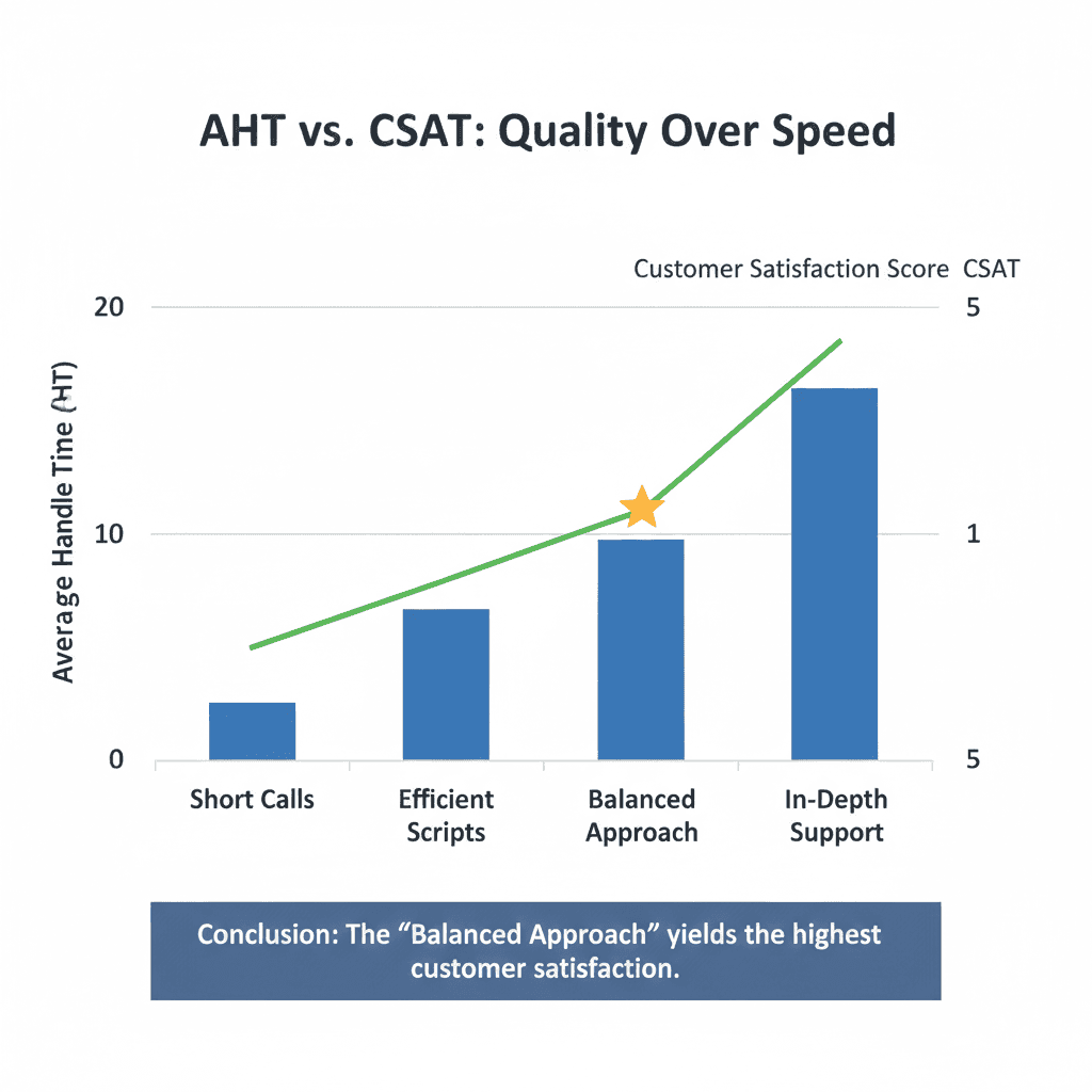 A bar graph comparing "Average Handle Time" vs. "Customer Satisfaction," showing that shorter calls aren't always better.