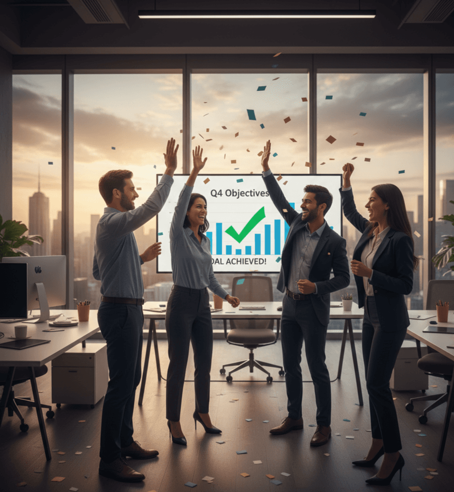 A successful business team high-fiving in a modern office, celebrating the achievement of their Q4 objectives.