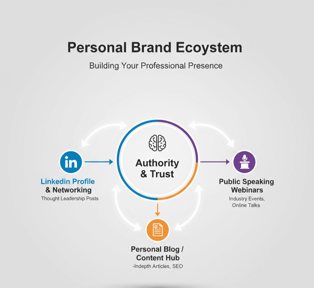 A "Brand Ecosystem" map showing how LinkedIn, a personal blog, and public speaking work together to build authority.