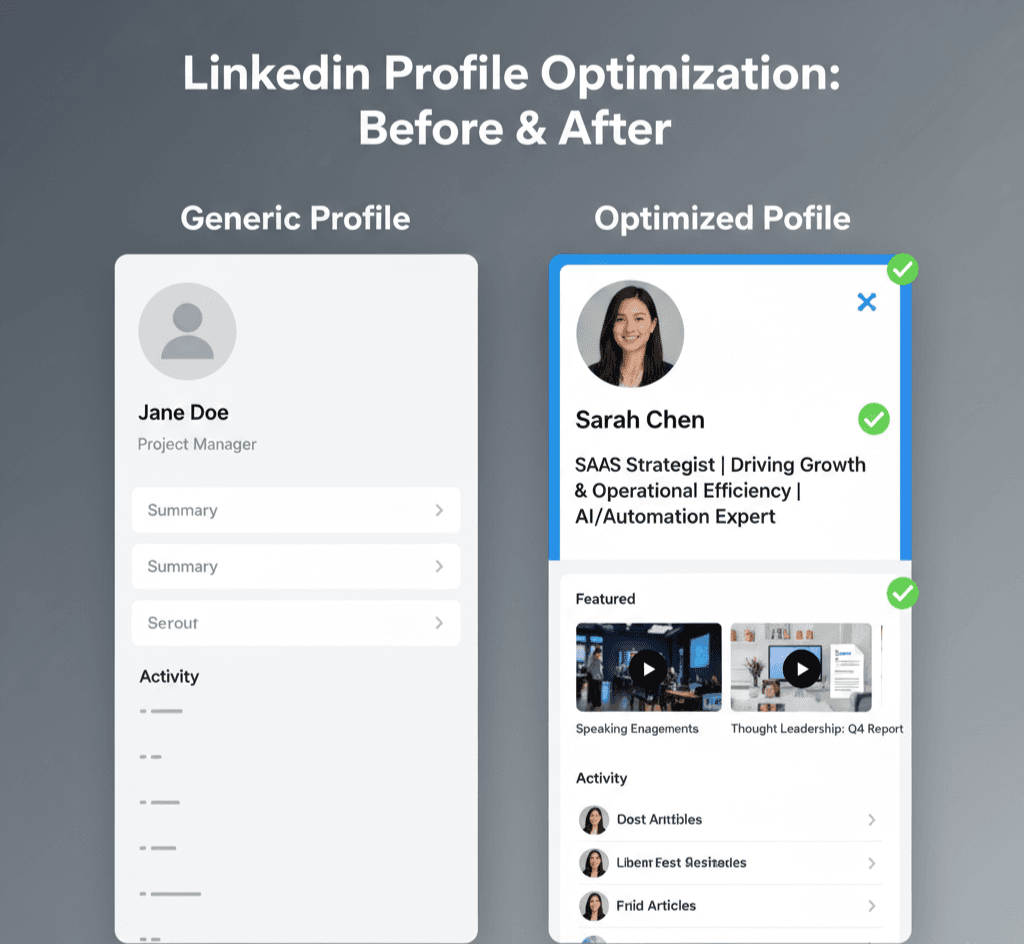A comparison of two LinkedIn profiles: one generic and one optimized with a compelling headline and featured media.