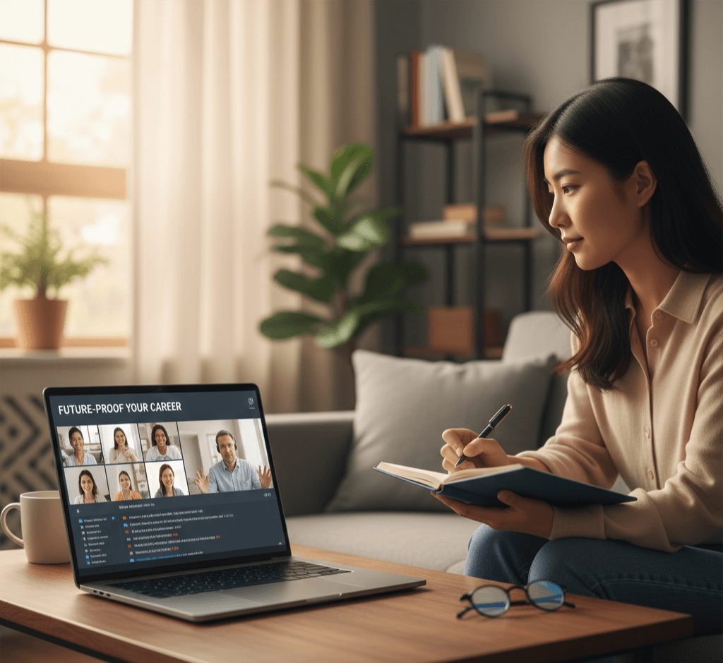 A person attending a virtual workshop on a laptop, taking notes and engaging with a global community.