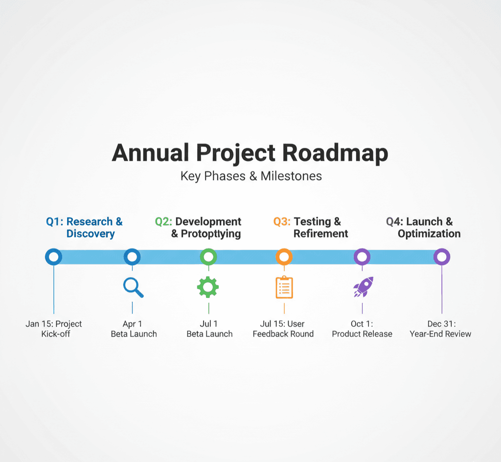 A clean, horizontal timeline showing major project phases and key deadlines for a typical business year.