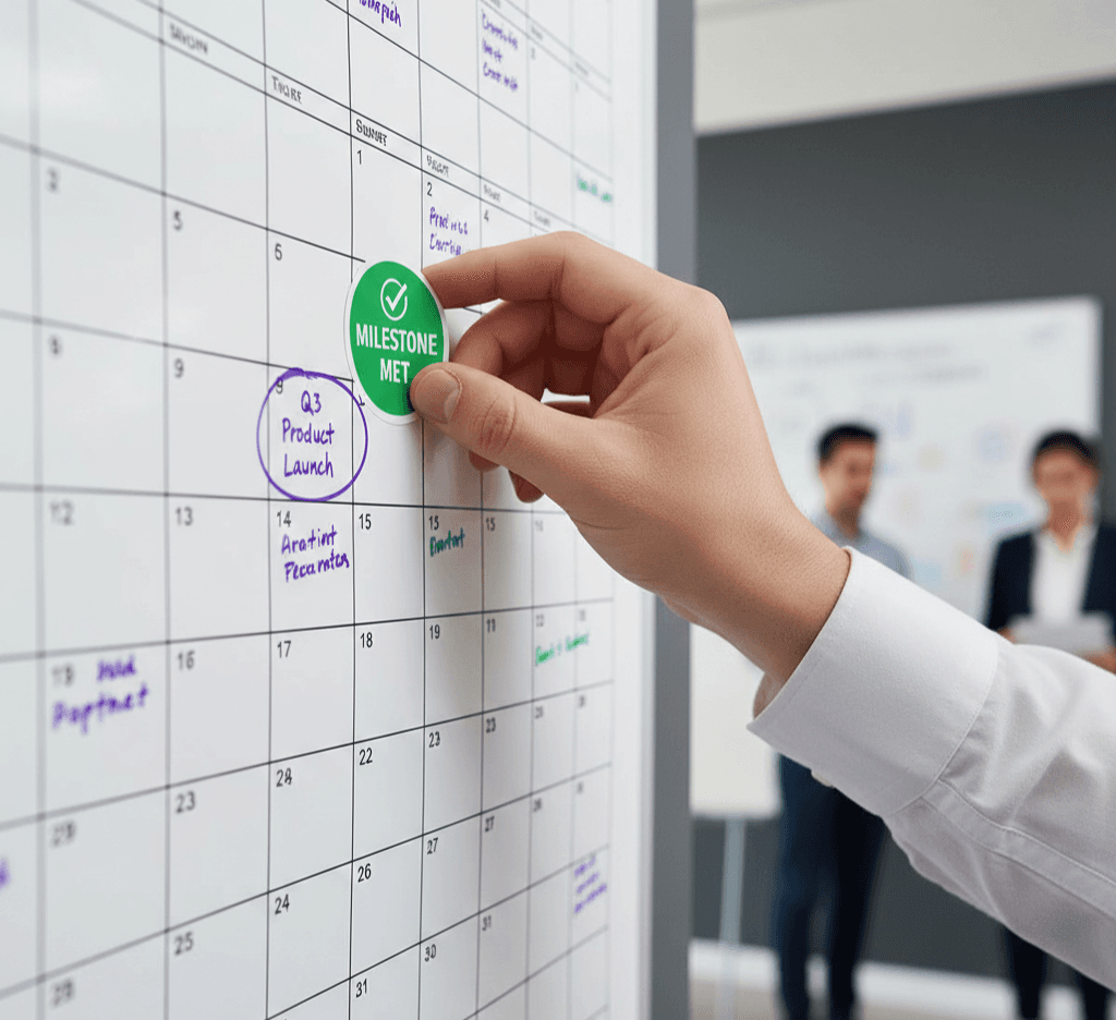 A close-up of a hand placing a "Milestone Met" sticker on a large physical wall planner.