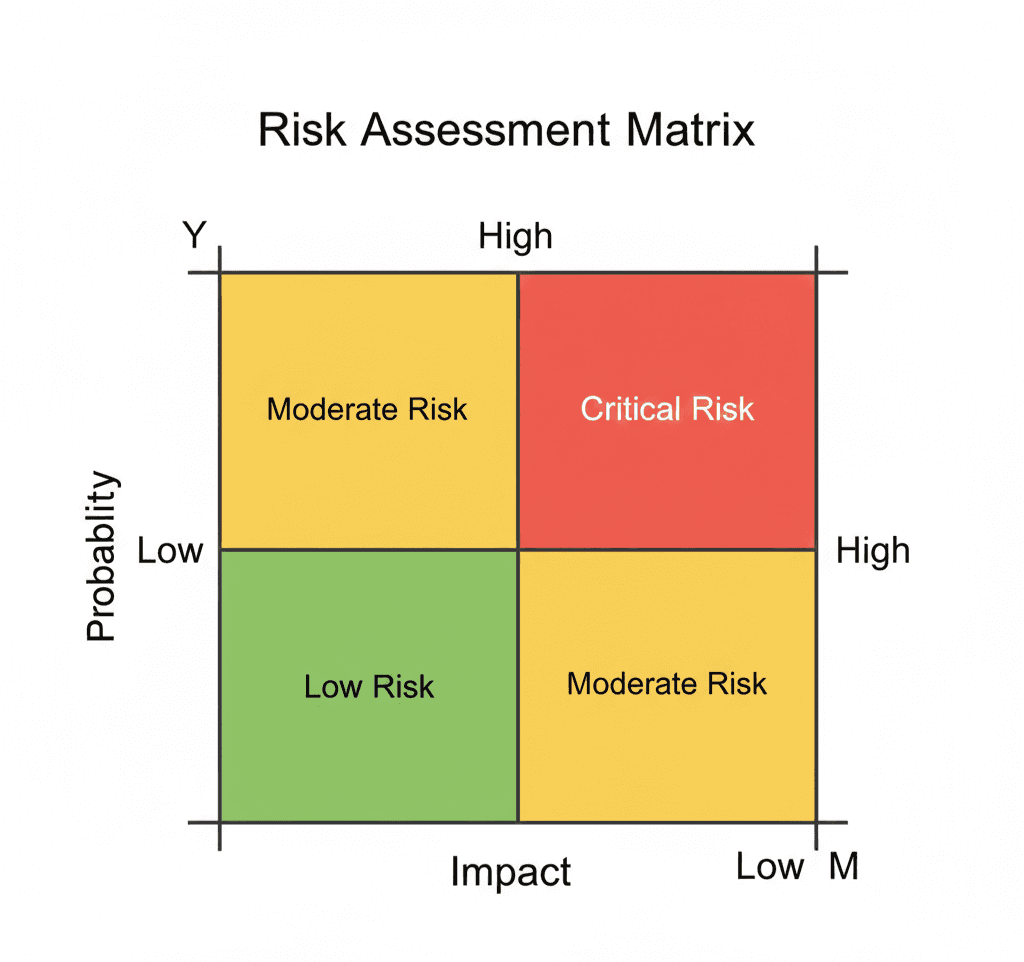 A Risk Assessment Matrix showing "Probability" vs. "Impact" with color-coded quadrants (Red, Yellow, Green).