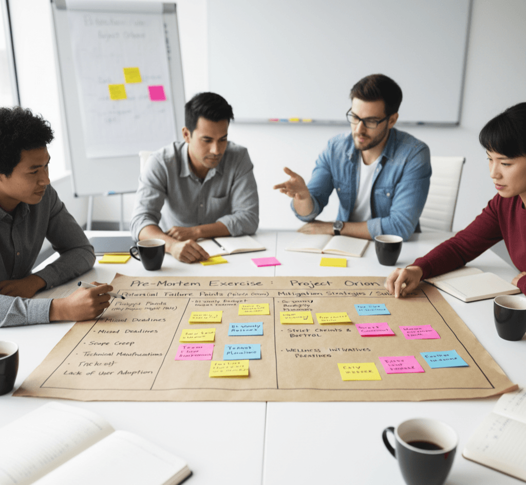 A "Pre-Mortem" exercise sheet with team brainstorming notes on potential failure points and their solutions.